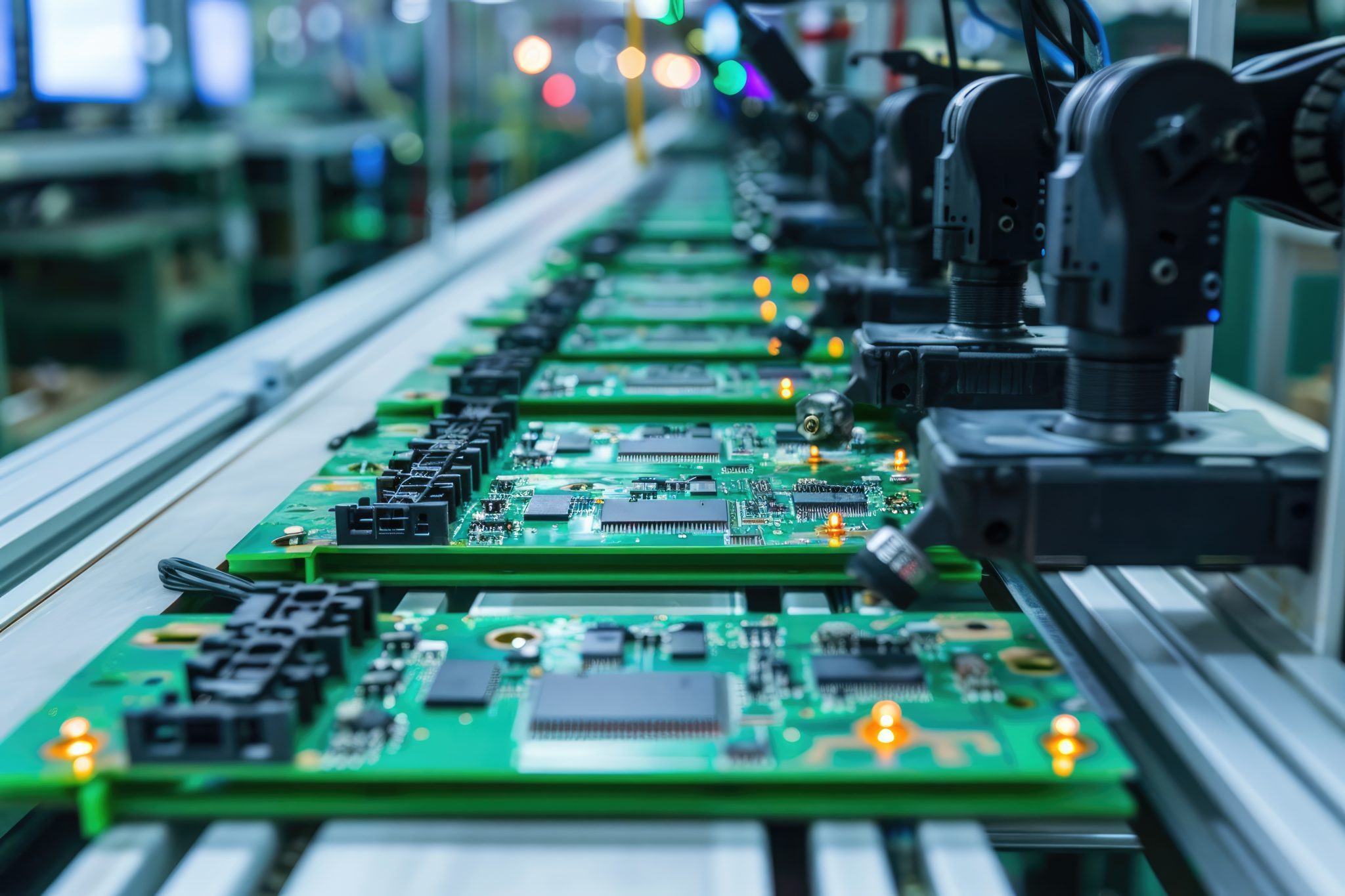 Placa eletrônica em processo de montagem automatizada com braços robóticos industriais