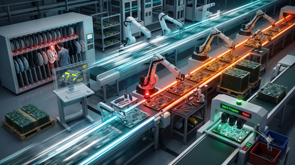 Linha de montagem automatizada de placas eletrônicas (PCBA) com braços robóticos e esteiras luminosas, representando a velocidade e o fluxo de produção na indústria.